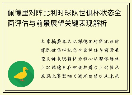 佩德里对阵比利时球队世俱杯状态全面评估与前景展望关键表现解析